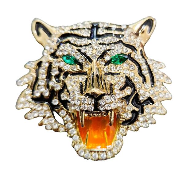 Brooch Roaring Tiger Luxury Pin with Rhinestone Emerald Green Eyes - Picture 2 of 3